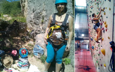 Two pictures of Fernanda climbing